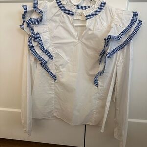 Hyacinth House White and Blue Gingham Ruffle Blouse